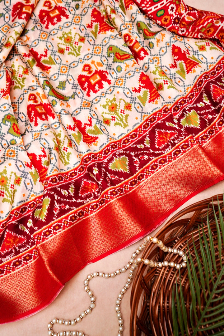 White Patola Silk Saree with Zari Weave Contrast Border