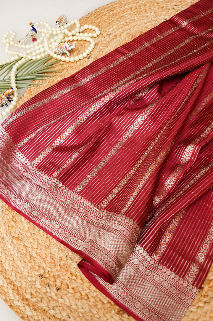 Cherry Red Banarasi Soft Silk Bridal Meenakari Stripes Saree