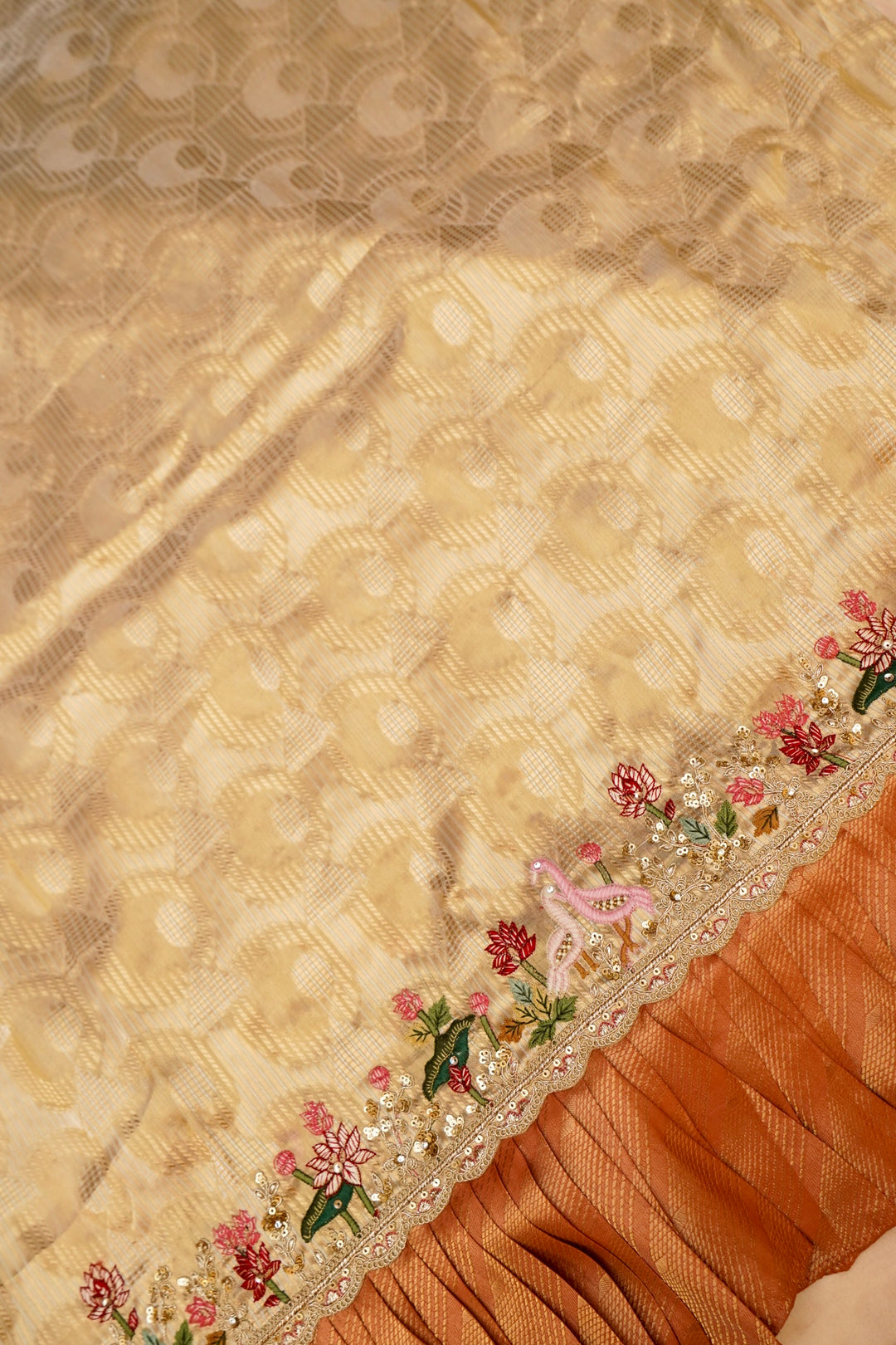 Beige Gold and Orange Lehenga Pattern Half Half Tissue Silk Meenakari Embroidery Saree View 9