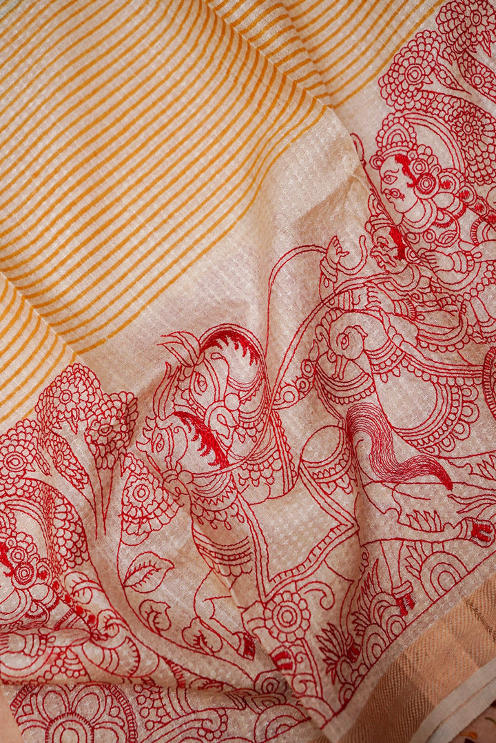 Pure Silk Tussar Fabric with Mural Art Thread Embroidery and Hand Block Prints