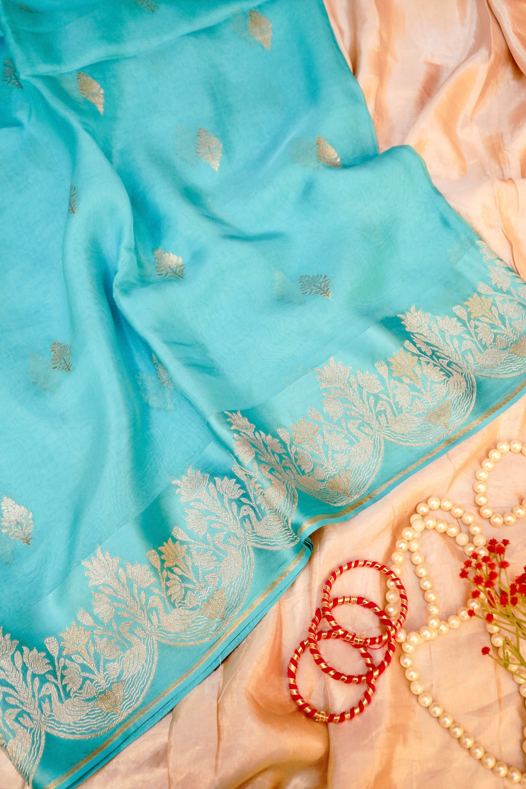 Elegant Aqua Blue Muslin Organza Saree with Birds Motif Meenakari Border