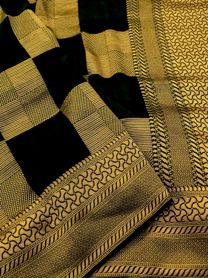 Luxury Bottle Green Banarasi Khaddi Georgette Saree with Exquisite Zari Weave Checks