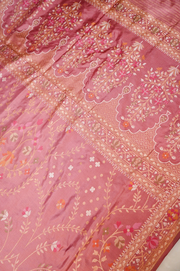 Royal Handwoven Banarasi Pure Katan Silk Meenakari Jamdani Saree Mauve Pink View 2