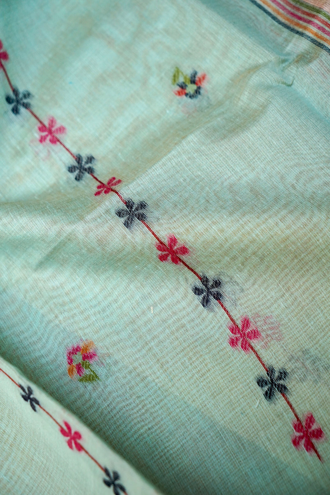 Aqua Blue Floral &amp; Bird Print Unstitched Suit Set with Artistic Dupatta