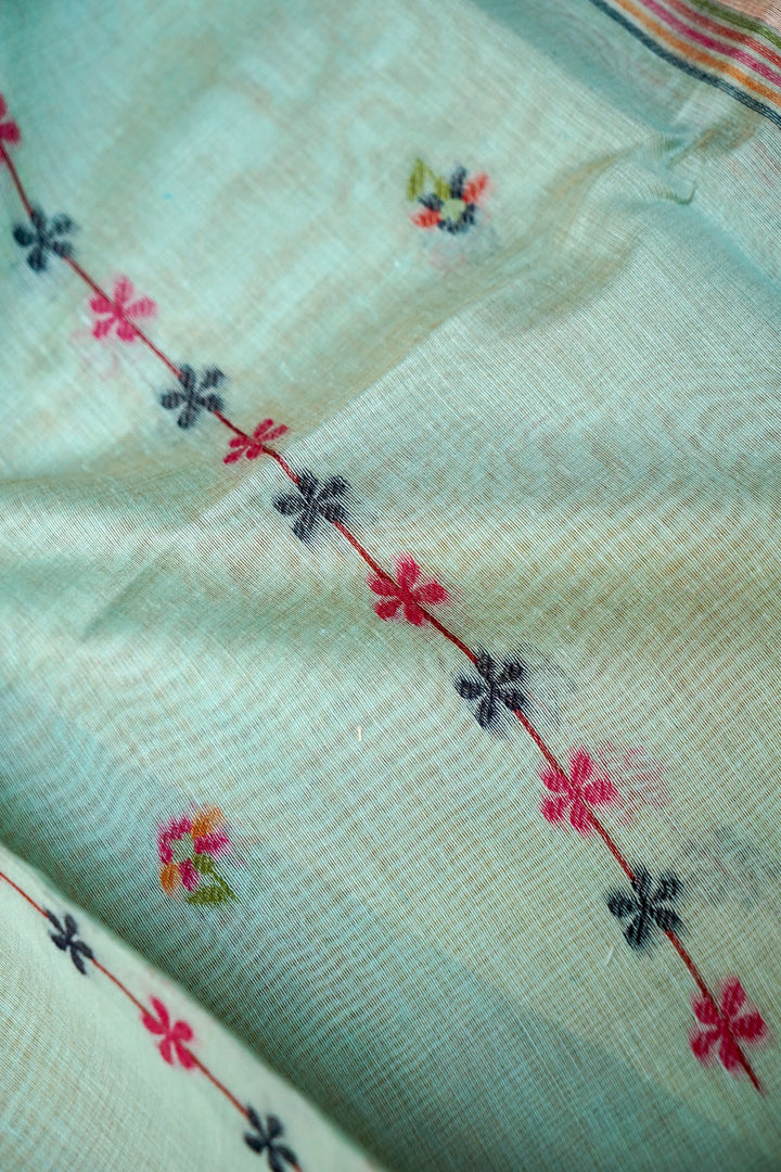 Aqua Blue Floral &amp; Bird Print Unstitched Suit Set with Artistic Dupatta