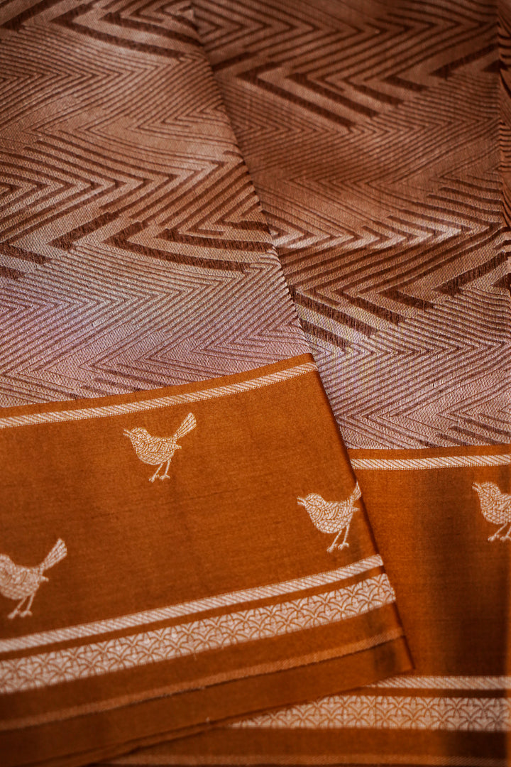 Coffee Brown Handwoven Banarasi Tissue Silk Saree with Silver Zari Zig-Zag Weave & Bird Motif Border