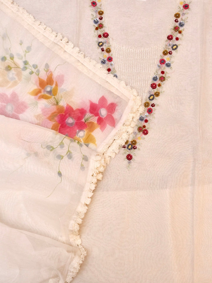 White Chanderi Silk Suit Set with Hand Painted Floral Dupatta