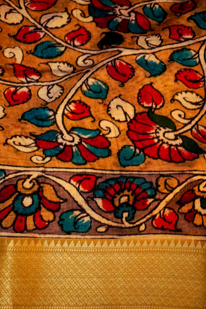 Radiant Mustard Kalamkari and Bandhej Printed Silk Saree