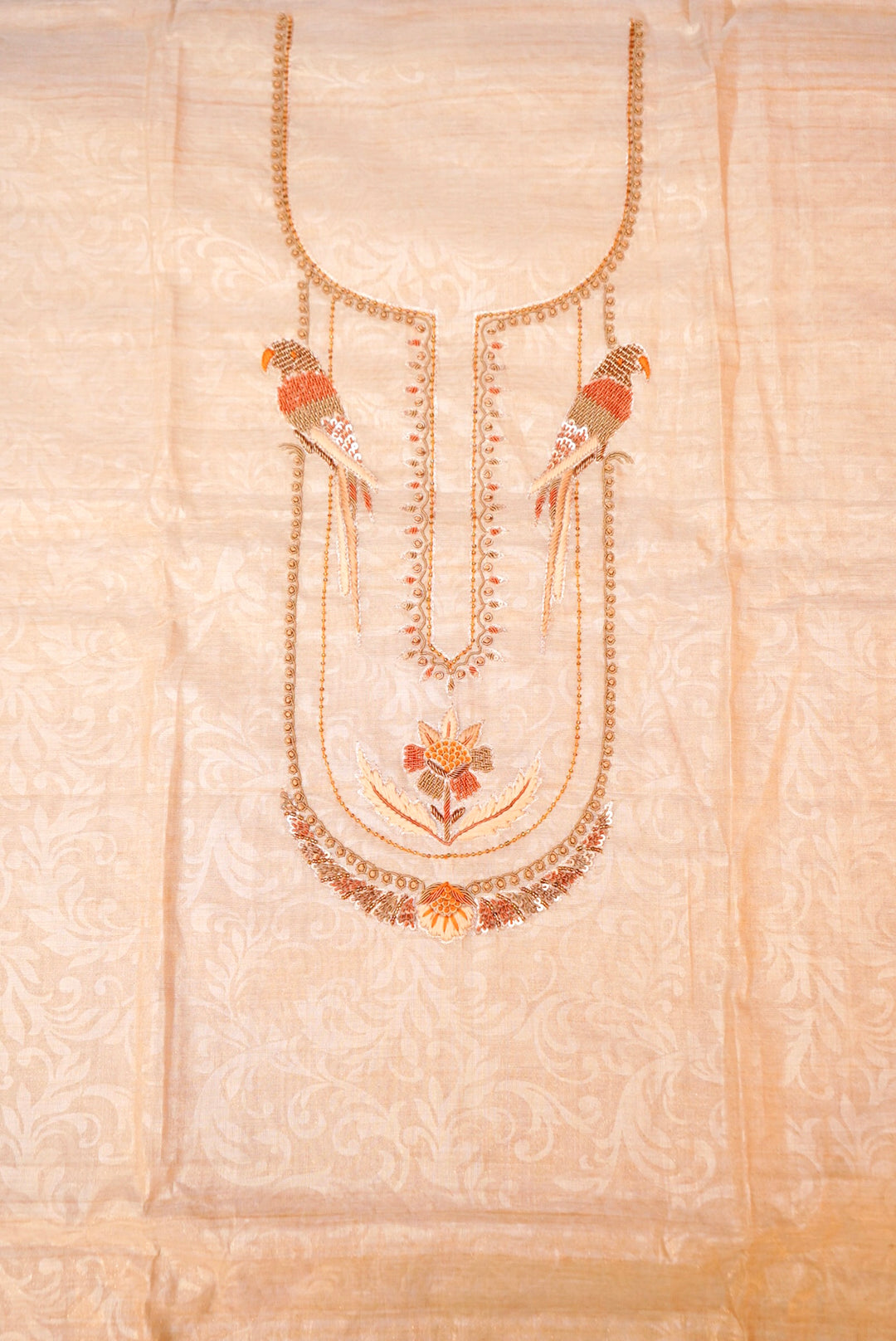 Rose Gold Pure Chanderi Tissue Silk Suit with Handcrafted Elegance