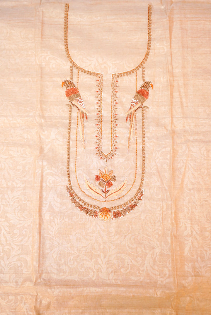 Rose Gold Pure Chanderi Tissue Silk Suit with Handcrafted Elegance