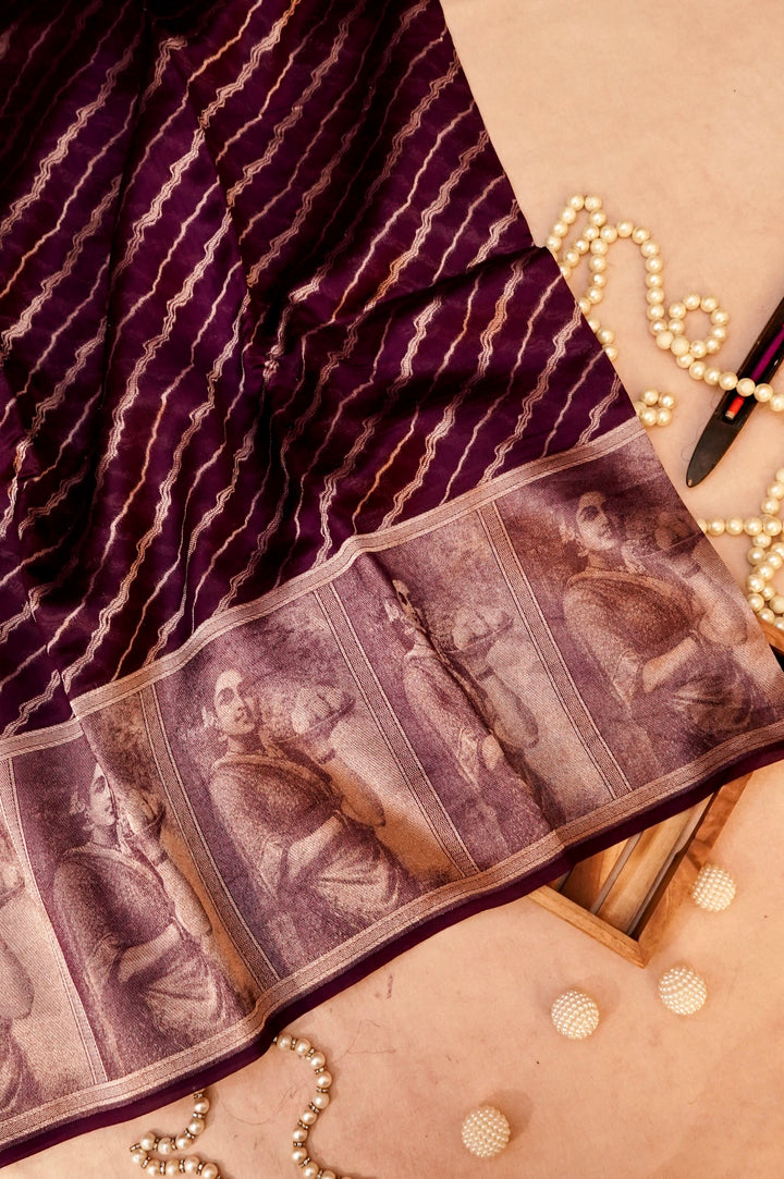 Imperial Wine Majesty – Dark Purple Pure Katan Silk Handloom Banarasi Madhubala Saree