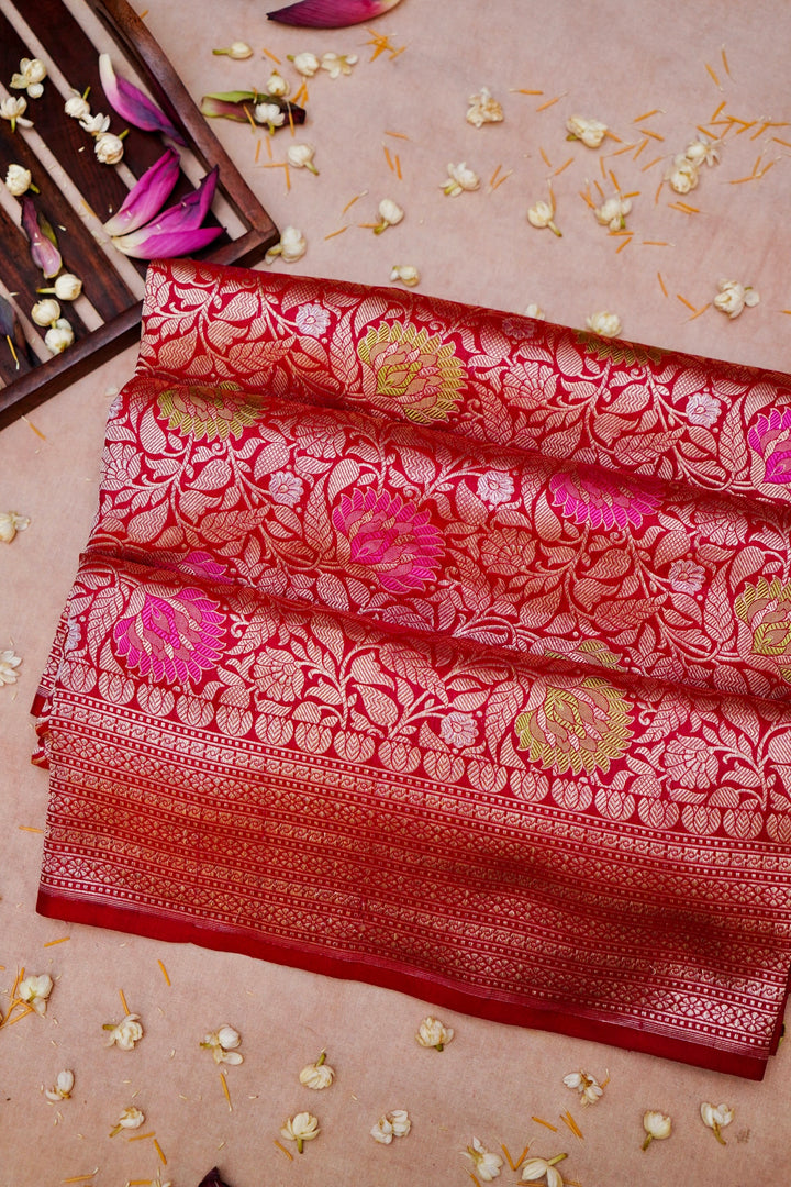 Timeless Red Brocade Meenakari Katan Silk Bridal Saree Handwoven Heritage Elegance