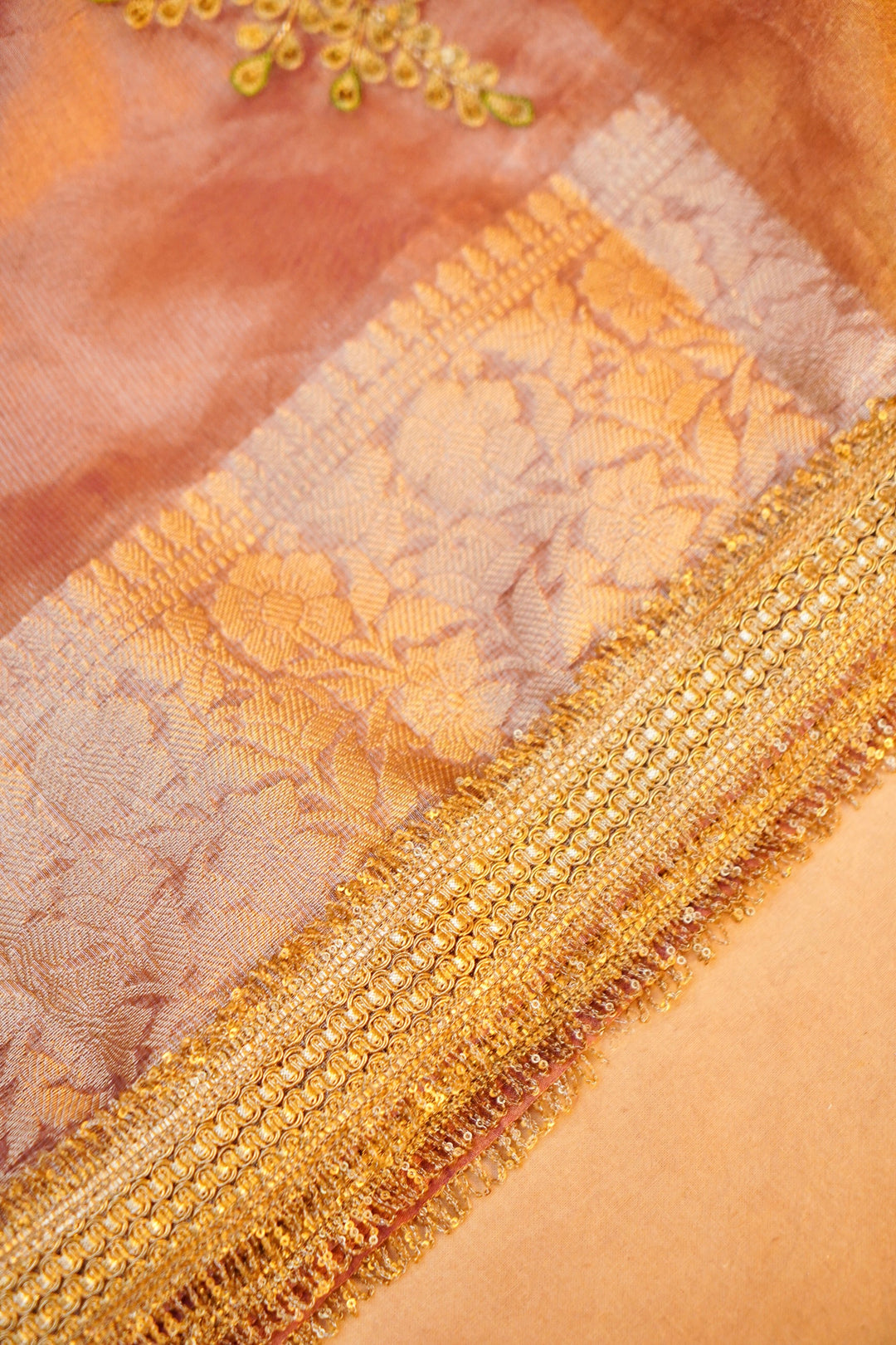 Eternal Grace Copper Gold Tissue Silk Saree with Peacock Motifs