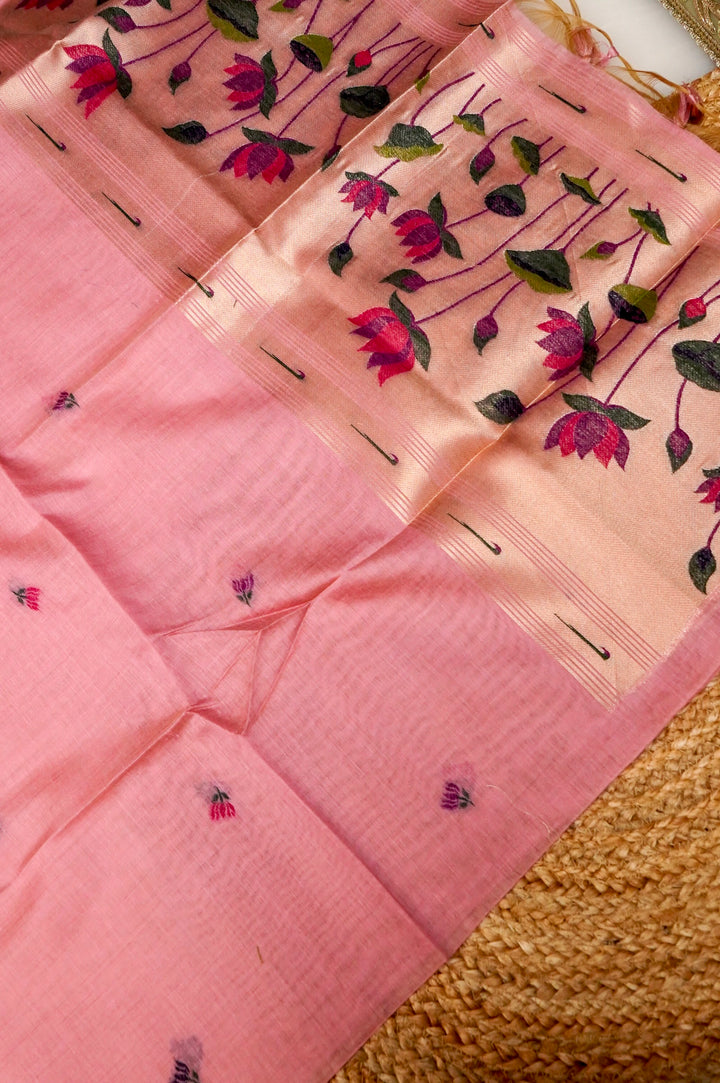 Blush Pink Handwoven Linen Unstitched Suit Set with Floral Woven Dupatta