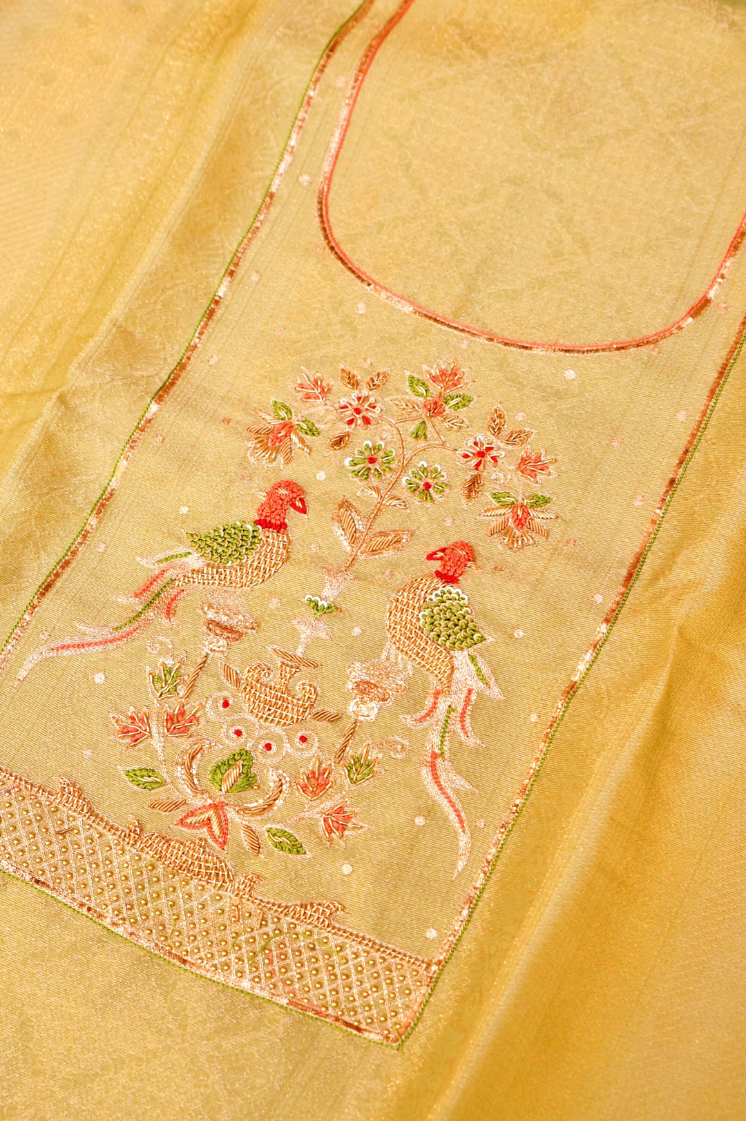 Pista Green Banarasi Brocade Soft Silk Unstitched Suit Set with Hand Zardozi Embroidery Bird Motif