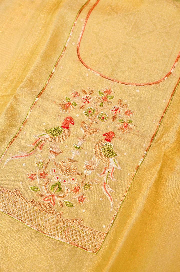 Pista Green Banarasi Brocade Soft Silk Unstitched Suit Set with Hand Zardozi Embroidery Bird Motif