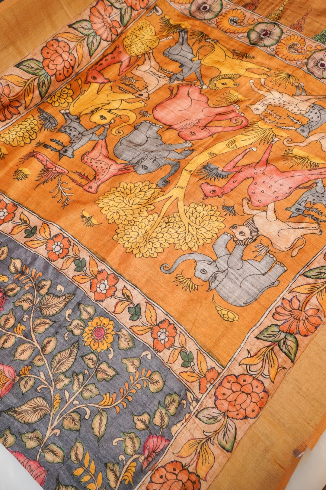 Grey Tussar Silk Saree with Kalamkari Floral Print Body &amp; Animal Motif Pallu
