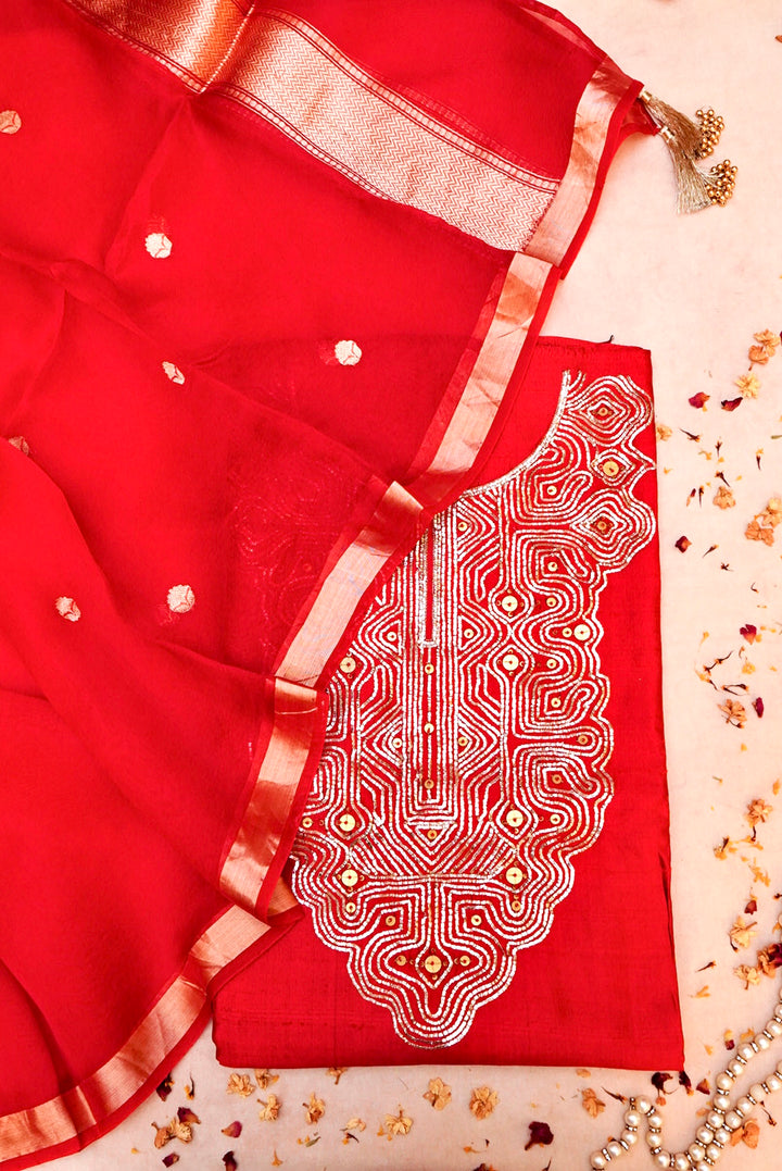 Red Bridal Handloom Raw Silk Suit with Pitta Zari Neckline and Organza Dupatta