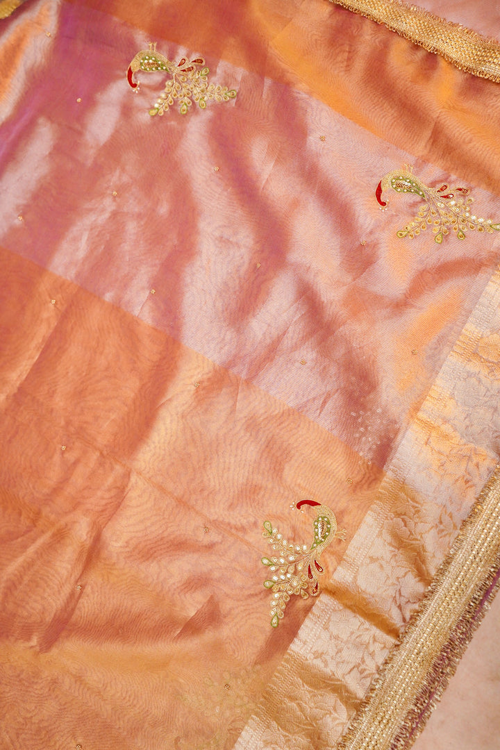 Eternal Grace Copper Gold Tissue Silk Saree with Peacock Motifs