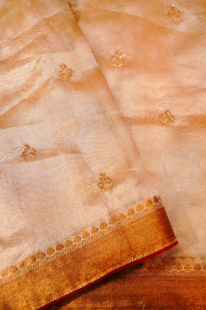Luxurious Rose Gold Pure Silk Tissue Saree with Zardozi Embroidery