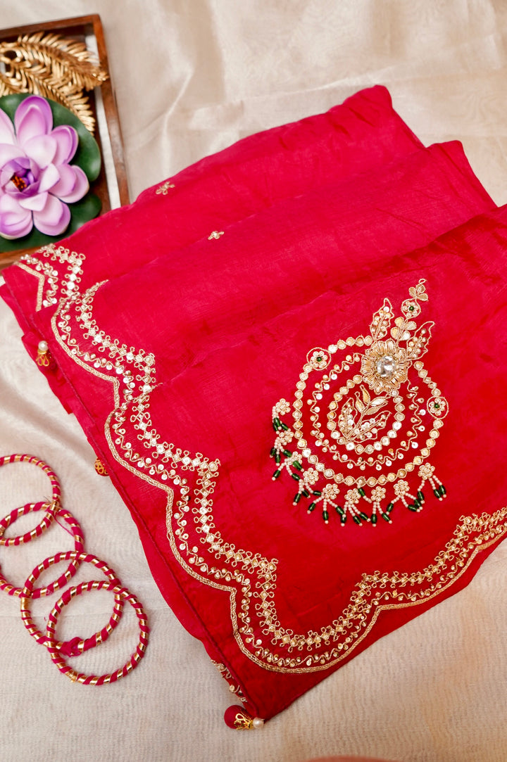 Elegant Red Organza Silk Saree with Hand Embroidered Border &amp; Designer Blouse
