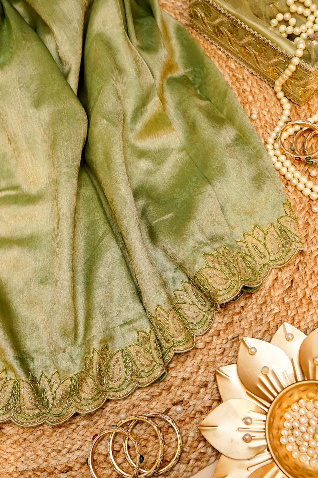 Sage Green Soft Silk Saree with Pearl and Cutdana Embroidery View 1