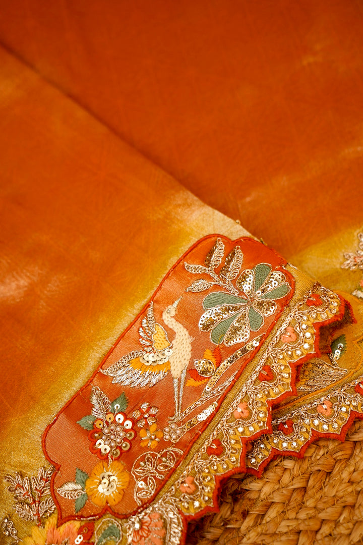 Designer Rust Orange Tissue Silk Meenakari Embroidery Saree View 7
