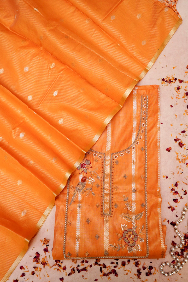 Orange Pure Banarasi Chanderi Silk Haldi Suit with Zardozi Embroidery