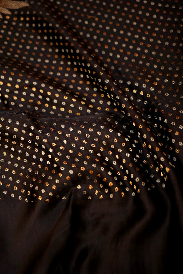 Black Banarasi Satin Crepe Bandhej Weaving Saree with Birds Motif