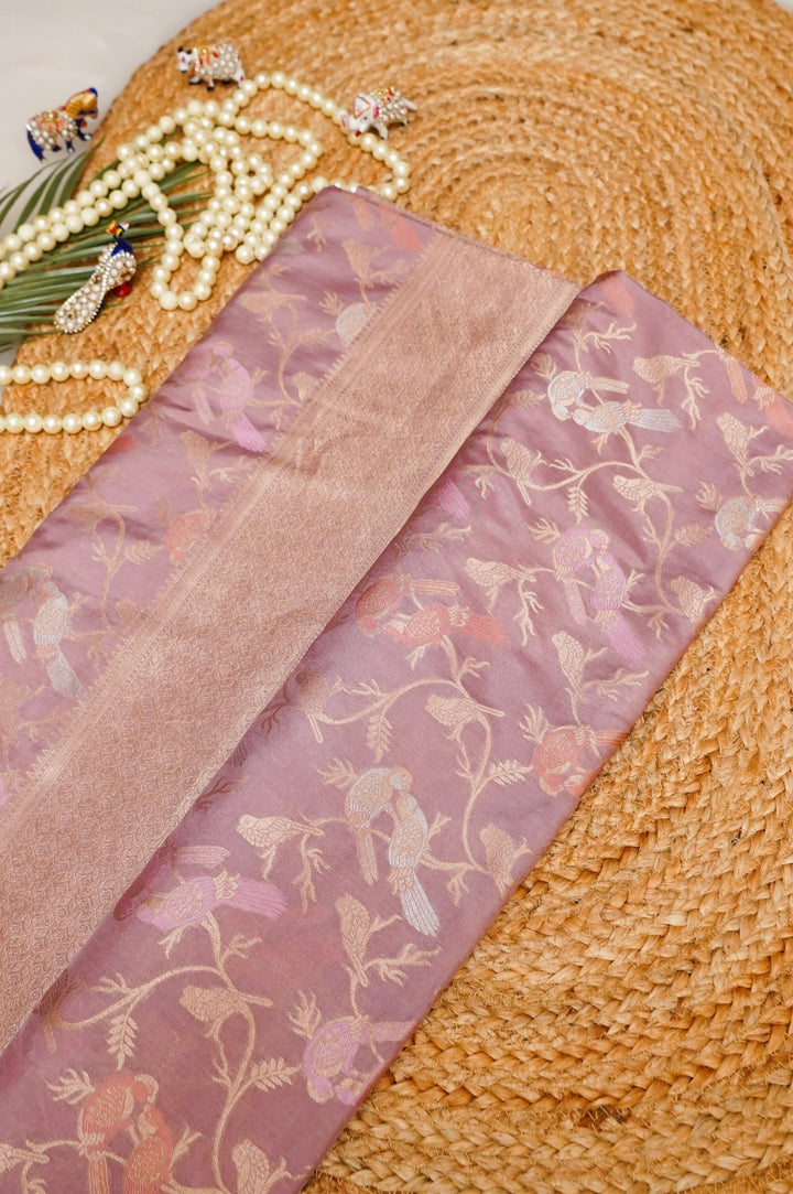 Rose Gold Pure Banarasi Handloom Katan Silk Meenakari Jaal Bird Motifs Saree