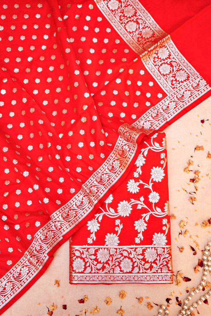 Banarasi Red Katan Silk Jaal Suit with Banarasi Booti Dupatta
