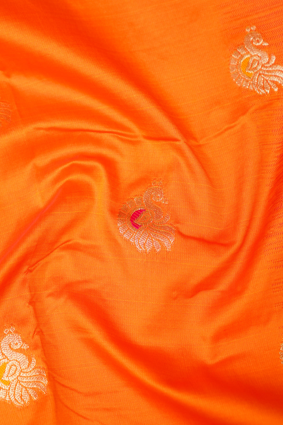 Orange Soft Silk Kanjivaram Inspired Bird Motifs Saree with Contrast Border Pallu
