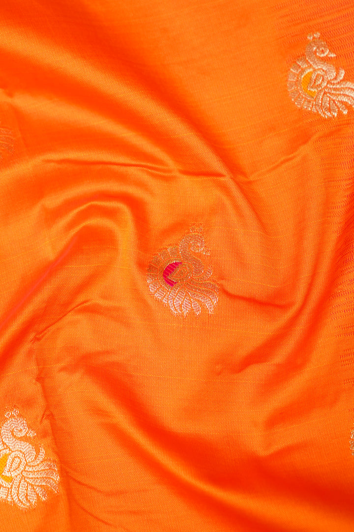Orange Soft Silk Kanjivaram Inspired Bird Motifs Saree with Contrast Border Pallu