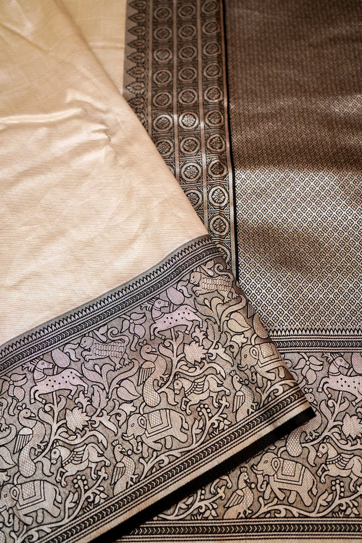 White Banarasi Kanjivaram Silk Saree with Black Contrast Border & Pallu