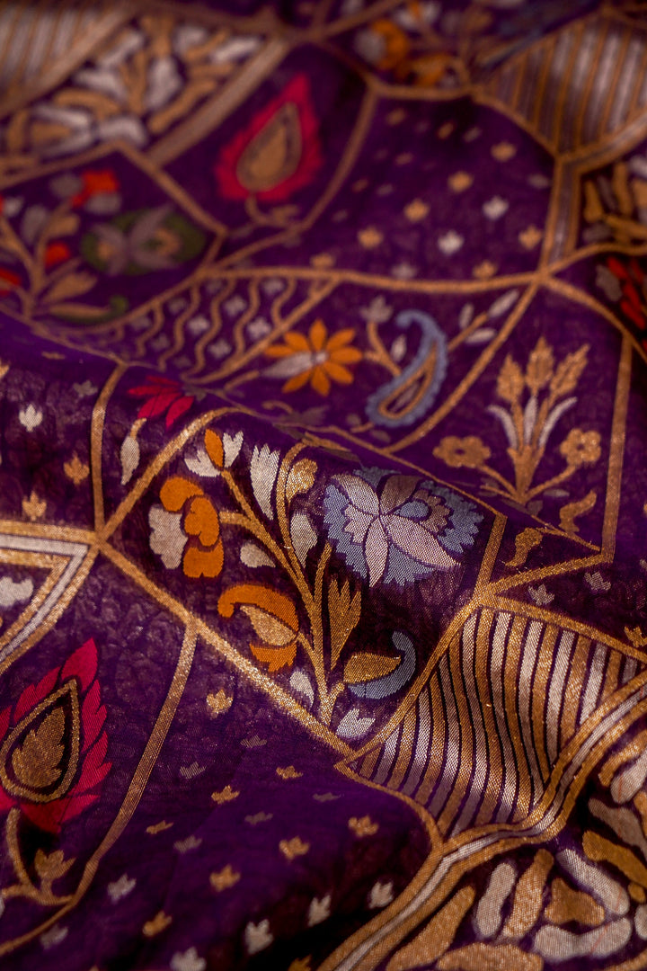 Handwoven Banarasi Pure Katan Silk Purple Jamdani Pattern Saree View 6