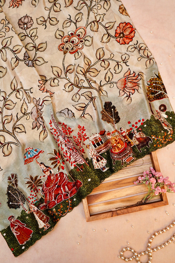 Beige Crepe Silk Saree with Floral Prints & Figure Motif