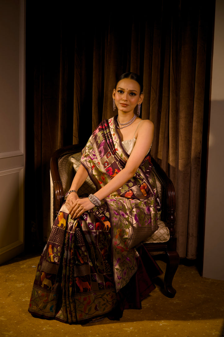 Handwoven Banarasi Pure Katan Silk Meenakari Shikargah Saree View 1