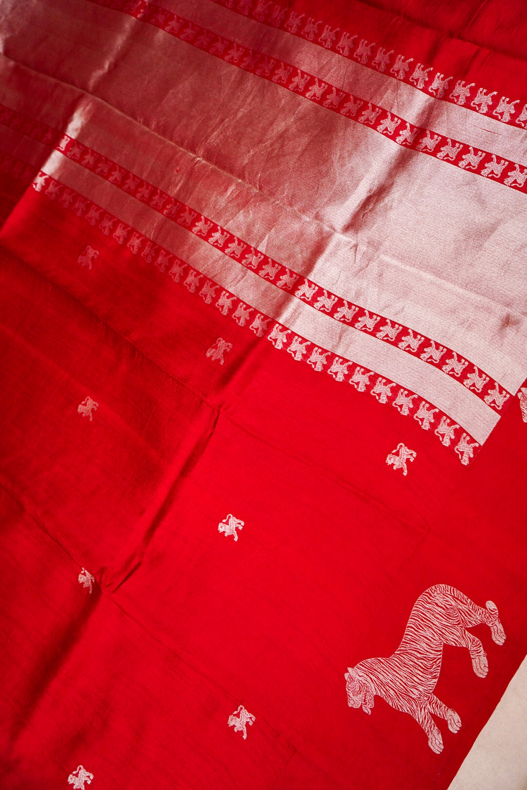 Regal Red Pure Katan Silk Saree with Tiger Motifs and Striped Weave Design