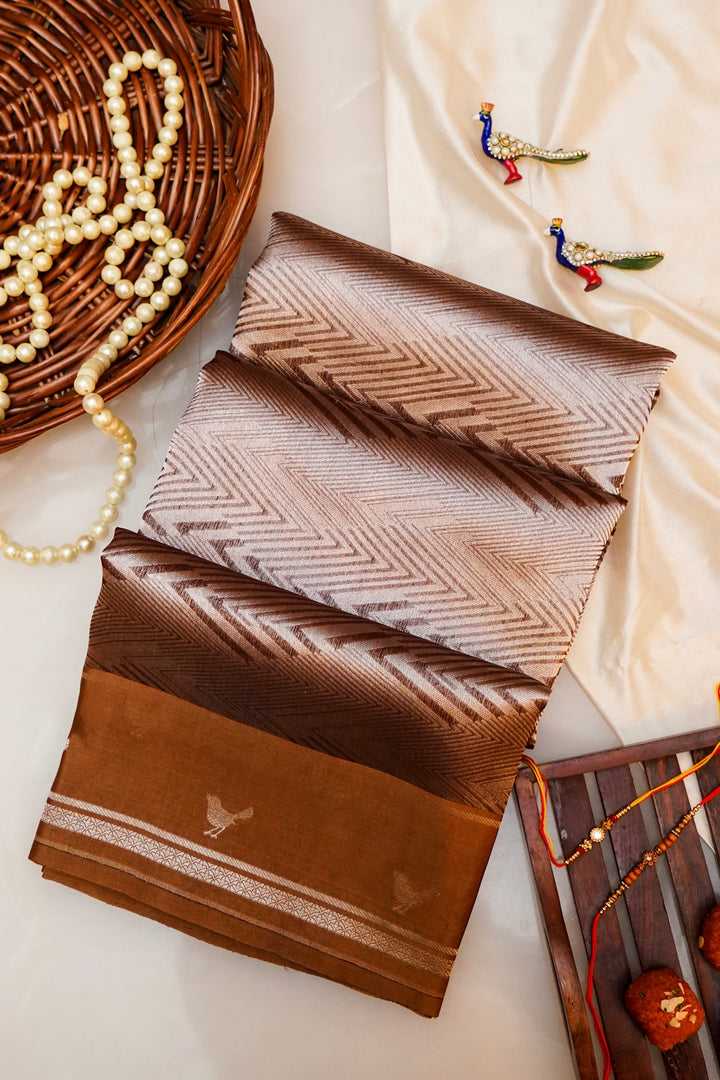 Coffee Brown Handwoven Banarasi Tissue Silk Saree with Silver Zari Zig-Zag Weave & Bird Motif Border