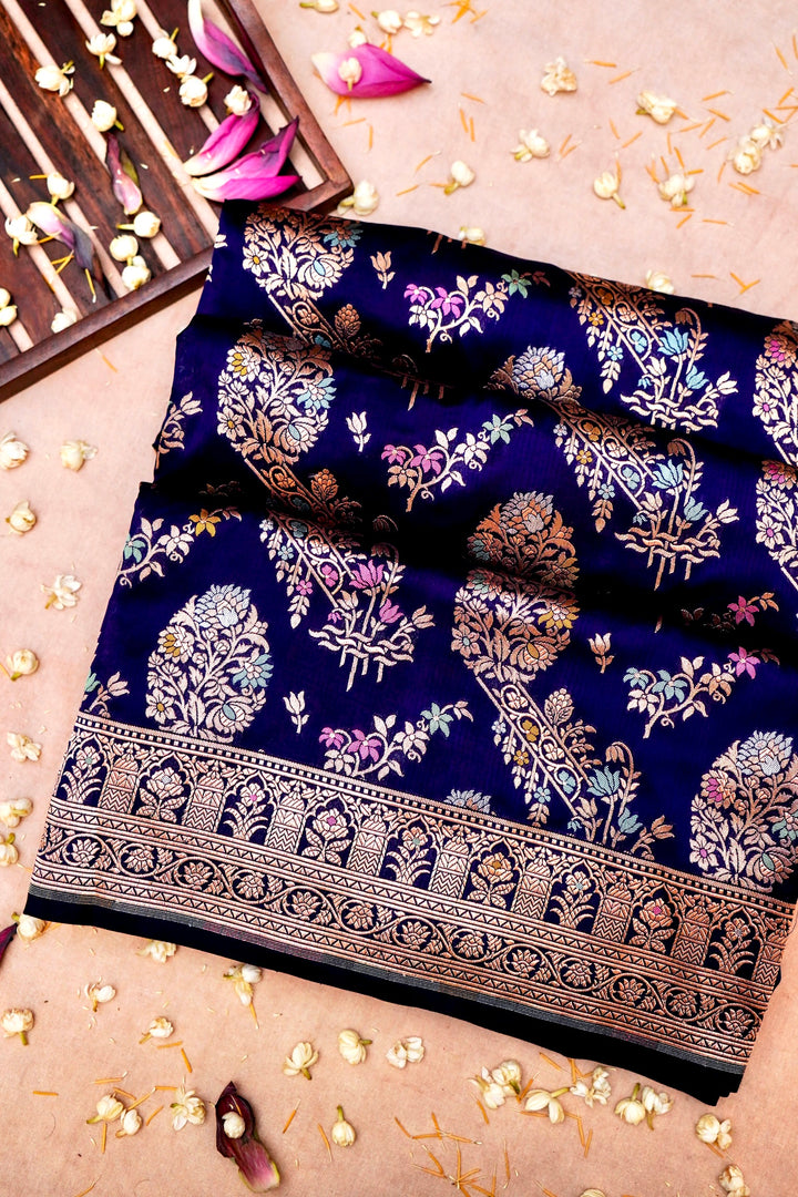 Handwoven Banarasi Dark Blue Pure Katan Silk Meenakari Jaal Saree