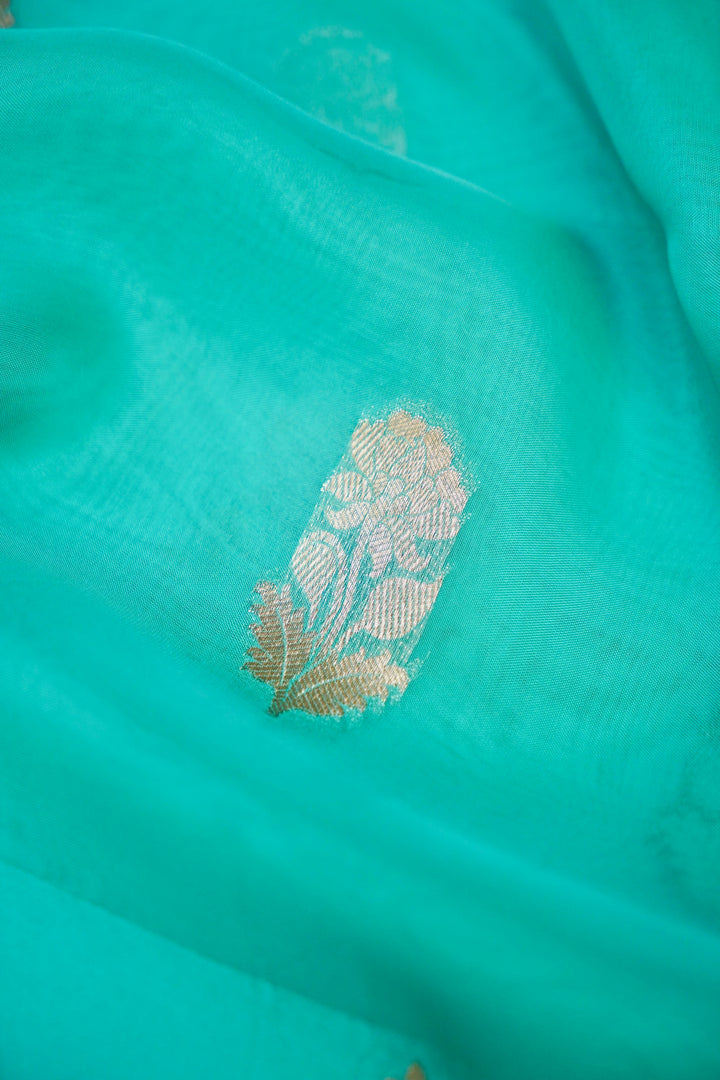 Aqua Blue Banarasi Kora Silk Saree with Zari Woven Laheriya Border