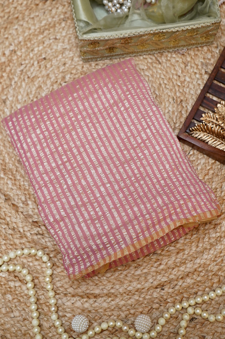 Soft Peach Muga Georgette Saree with Zari Stripe Weave