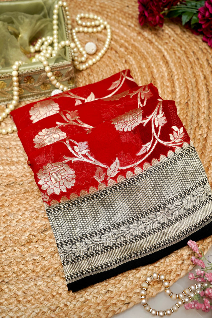 Handloom Red Pure Banarasi Khaddi Georgette Saree with Contrast Border &amp; Pallu