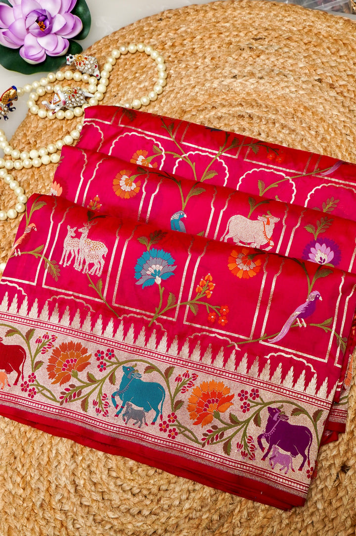 Pure Pink Bridal Banarasi Handloom Katan Silk Kimkhwab Meenakari Saree with Pichwai Inspired Patterns