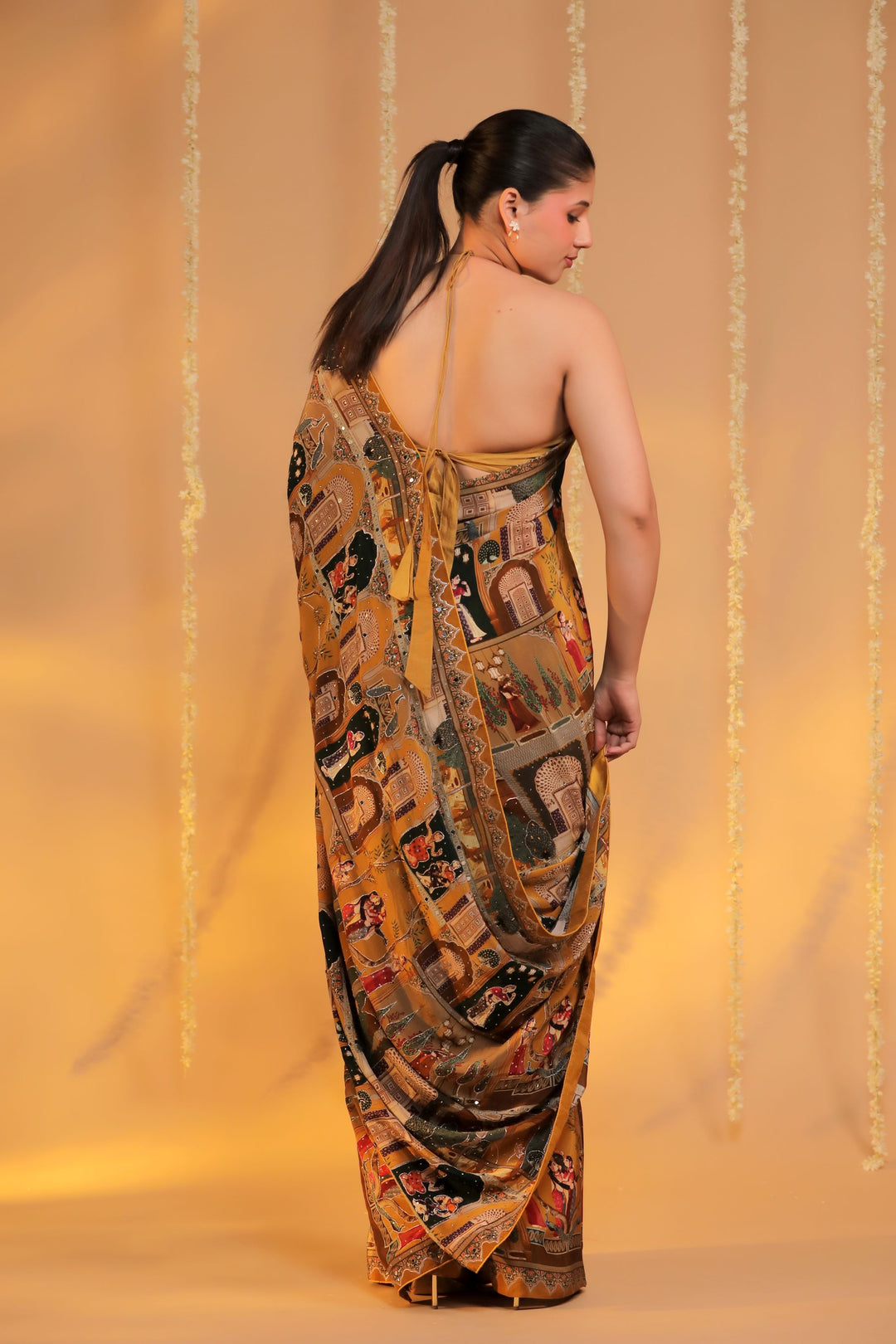 mustard yellow designer crepe silk katha embroider figure motif haldi wear saree back view