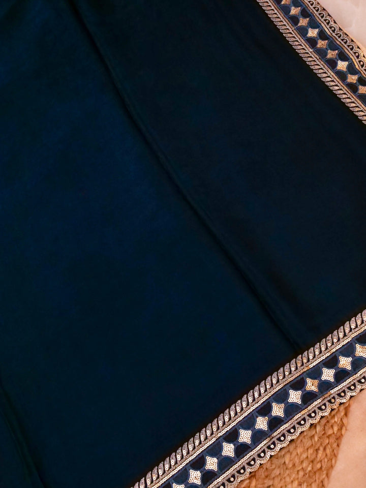 Teal Blue Sabyasachi Inspired Textured Pure Crepe Saree with Designer Border Heavy Embroidered Silk Blouse View 5