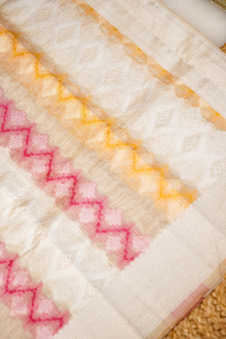 Off White Ikat Woven Unstitched Suit Set with Designer Dupatta