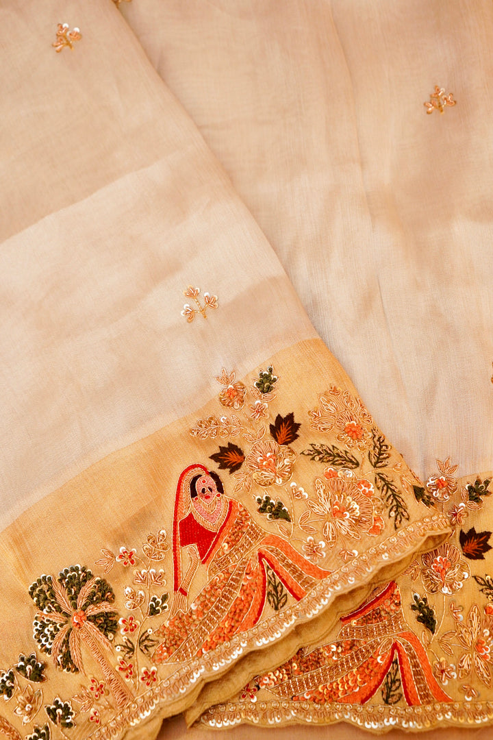 Silver Pure Katan Tissue Saree with Meenakari Zardozi Embroidery