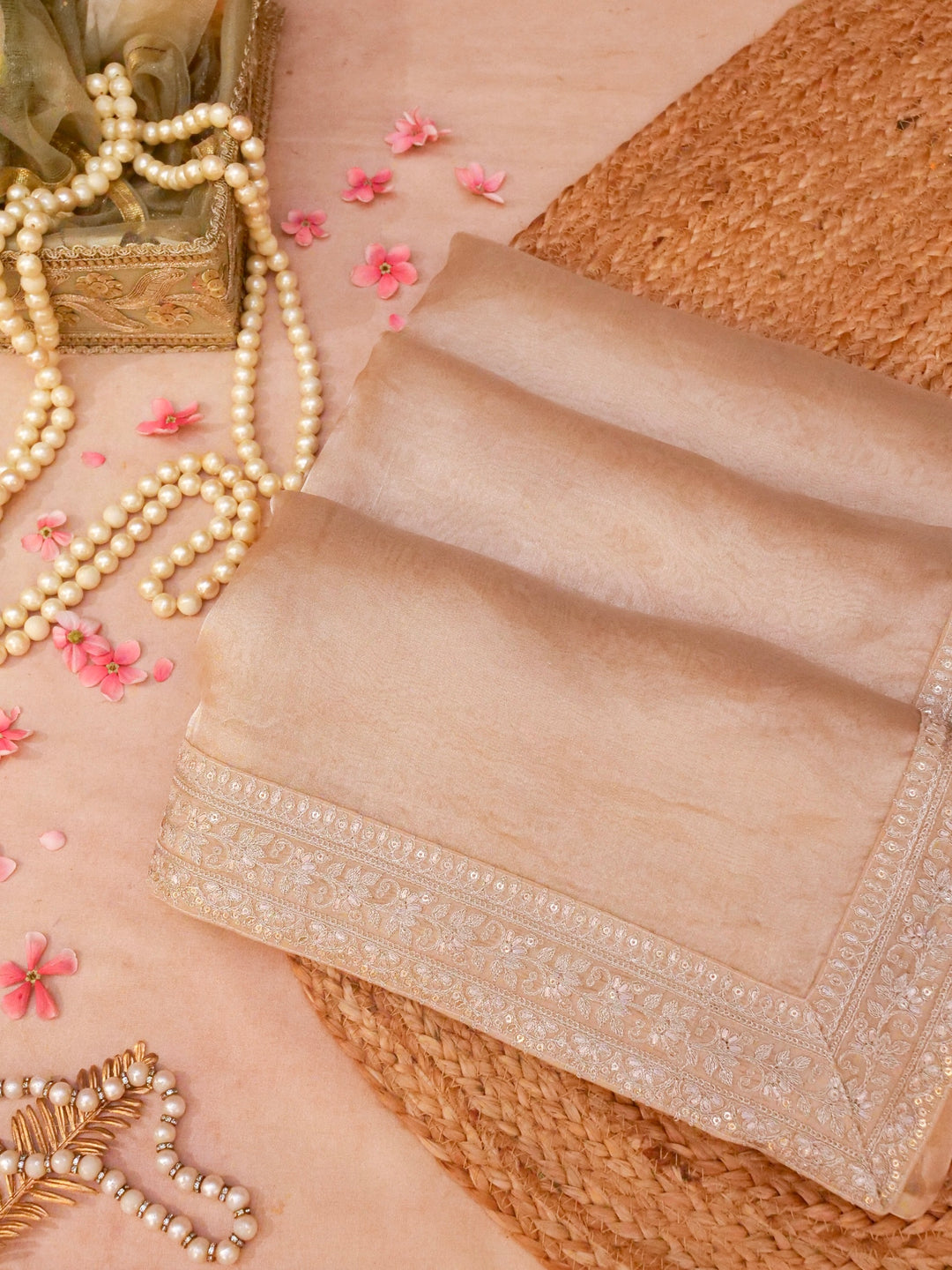 Beige Gold Pure Katan Tissue Saree with Pitta Zari Sequin Border and Heavy Embroidered Georgette Blouse View 1