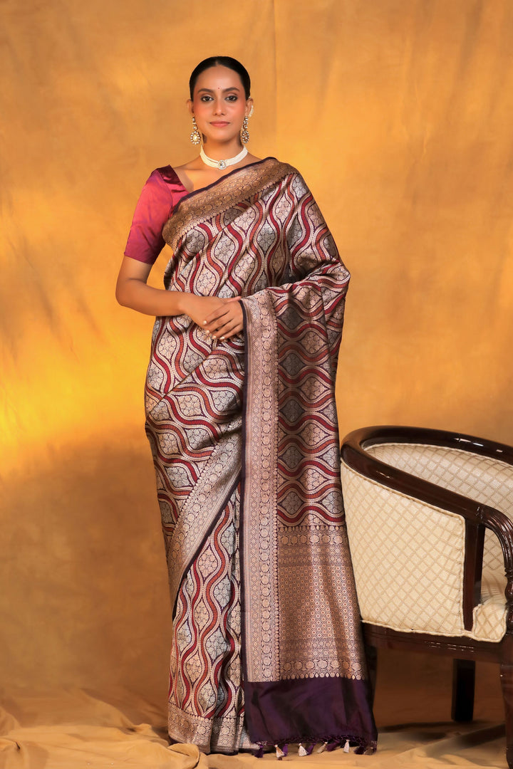 nita ambani inspired handwoven dark purple banarasi pure katan silk saree front view 1